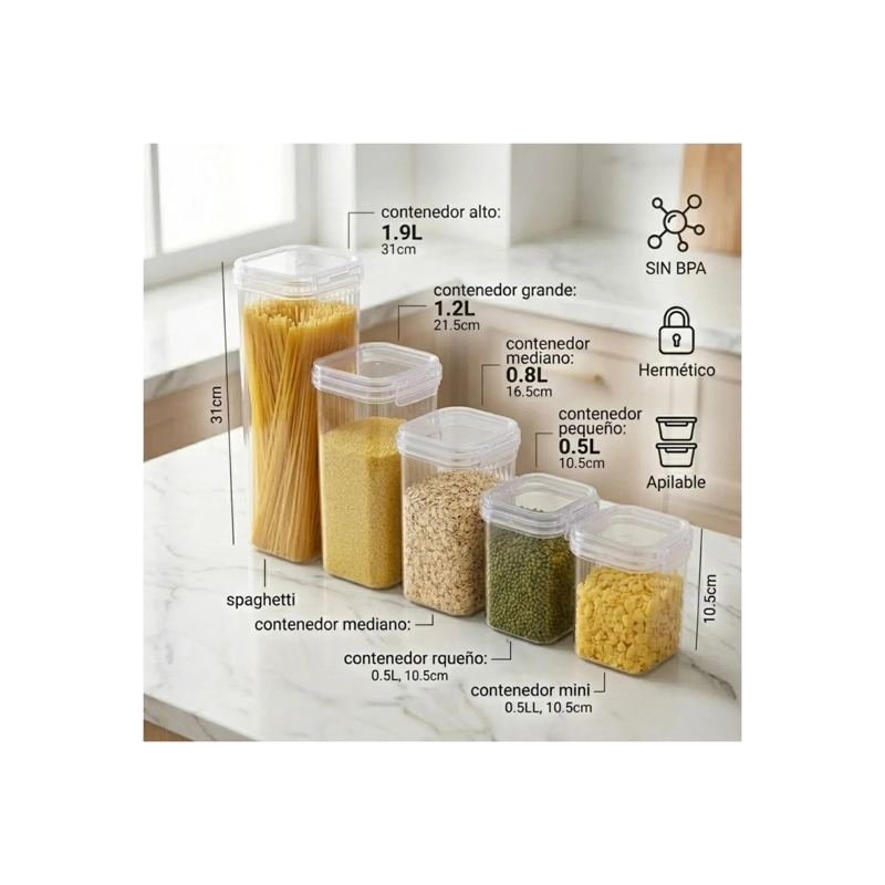 SET DE 5 CONTENEDORES HERME TICOS ORGANIZADORES DE COCINA ALIMENTOS - 4