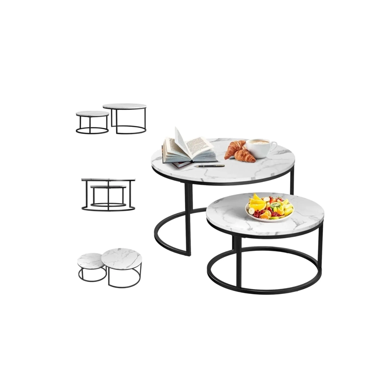 SET DE 2 MESAS DE CENTRO REDONDAS NIDO BLANCO Y NEGRO 70CM X 43.5 CM - 50CM X 39.5 - 4