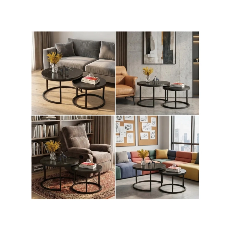 SET DE 2 MESAS DE CENTRO REDONDAS NIDO NEGRO 70CM X 43.5 CM - 50CM X 39.5 - 2
