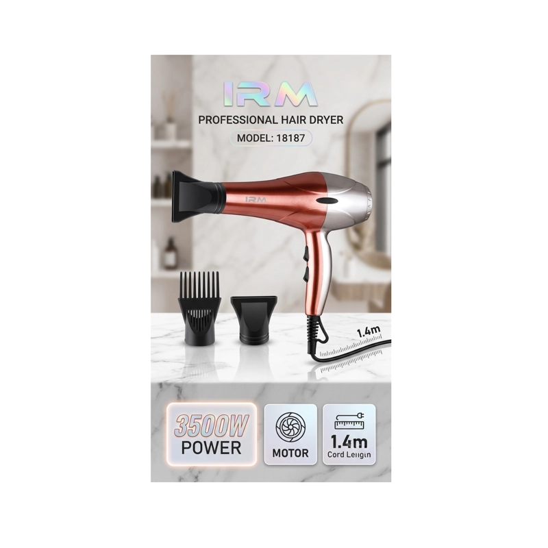 SECADOR DE CABELLO PROFESIONAL IRM POTENTE 3500W CON BOQUILLAS - 3