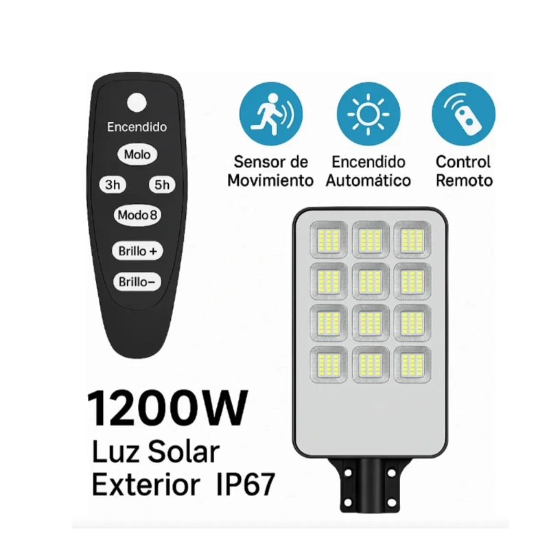 FOCO LED SOLAR EXTERIOR 1200W SOPORTE POTENTE ILUMINACION GRIS BLANCO FRIO - 1
