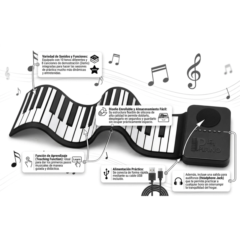 TECLADO MUSICAL PIANO FLEXIBLE ELECTRONICO ENROLLABLE - 6
