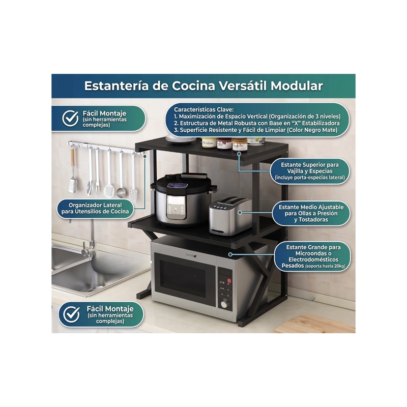 ESTANTE COCINA PARA HORNO MICROONDAS RACK ORGANIZADOR NEGRO - 3