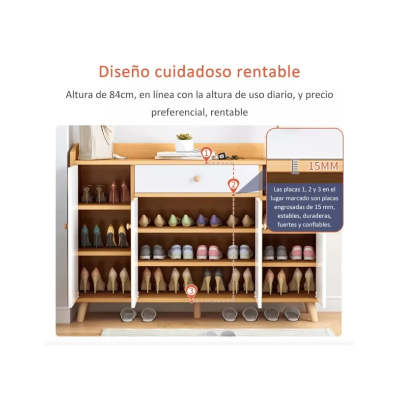 ZAPATERO ORGANIZADOR 120CMX30X84CM DE MADERA 4 PUERTAS COLOR BLANCO Y CAFE - 2