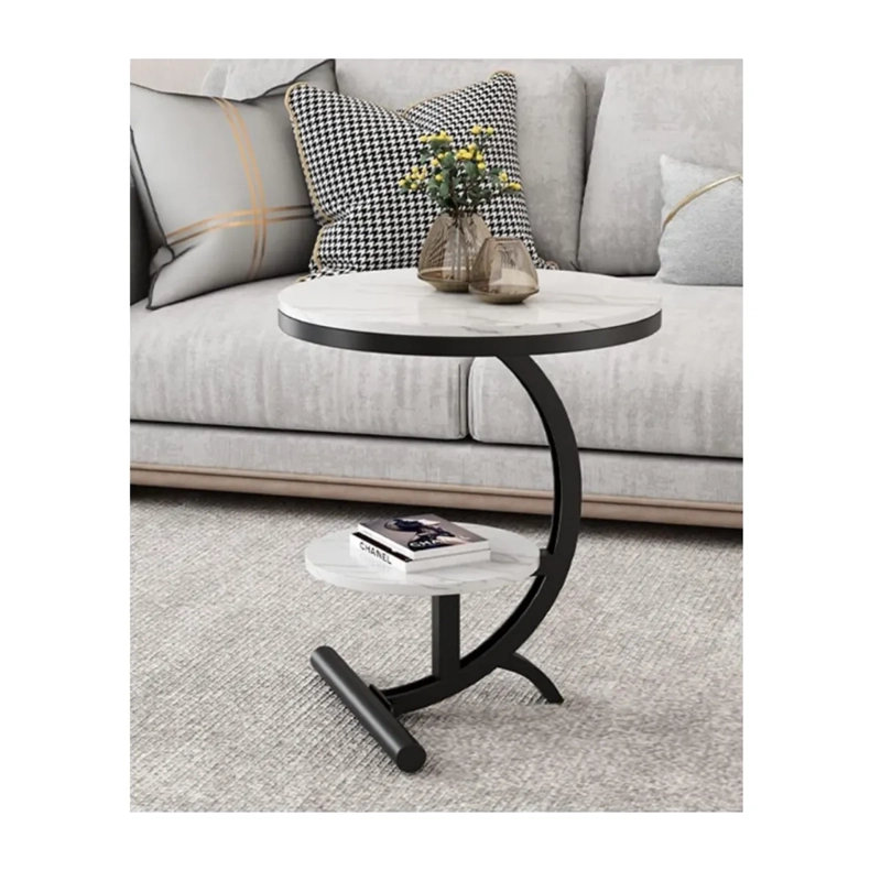 MESA LATERAL CIRCULAR DE 2 NIVELES DISEÑO MINIMALISTA - BLANCO/NEGRO - 1