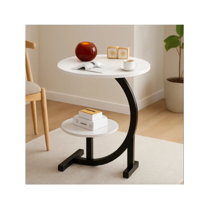 MESA LATERAL CIRCULAR DE 2 NIVELES DISEÑO MINIMALISTA - BLANCO/NEGRO - 2