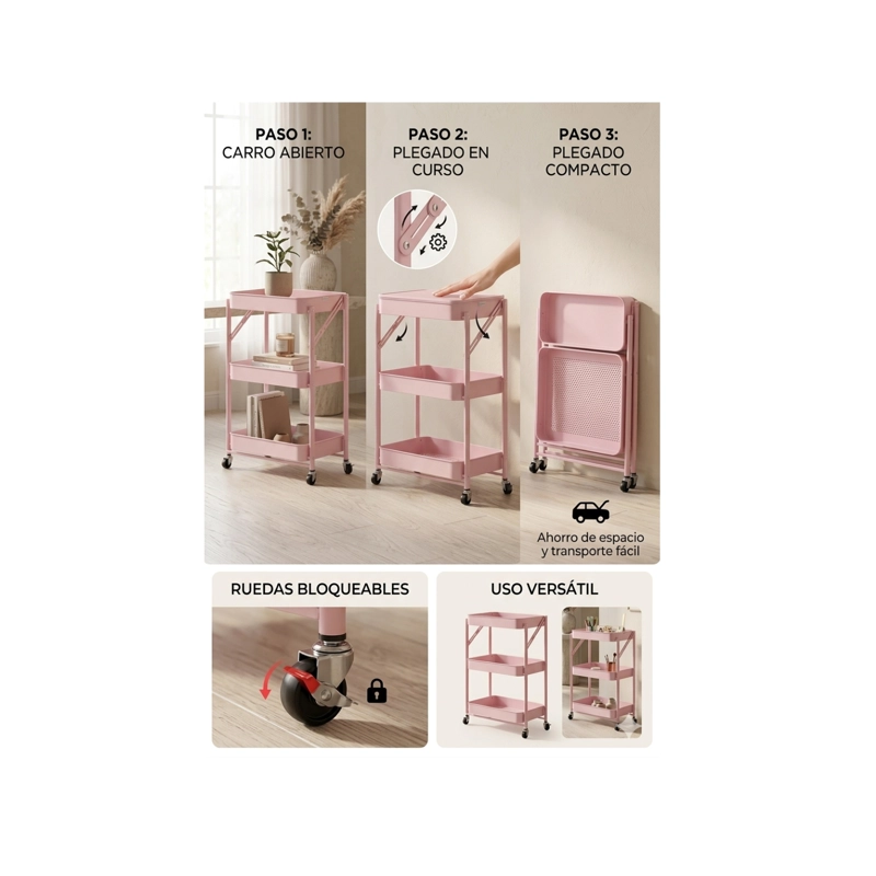 ORGANIZADOR CARRO PLEGABLE MULTIUSO DE 3 NIVELES - ROSA - 2