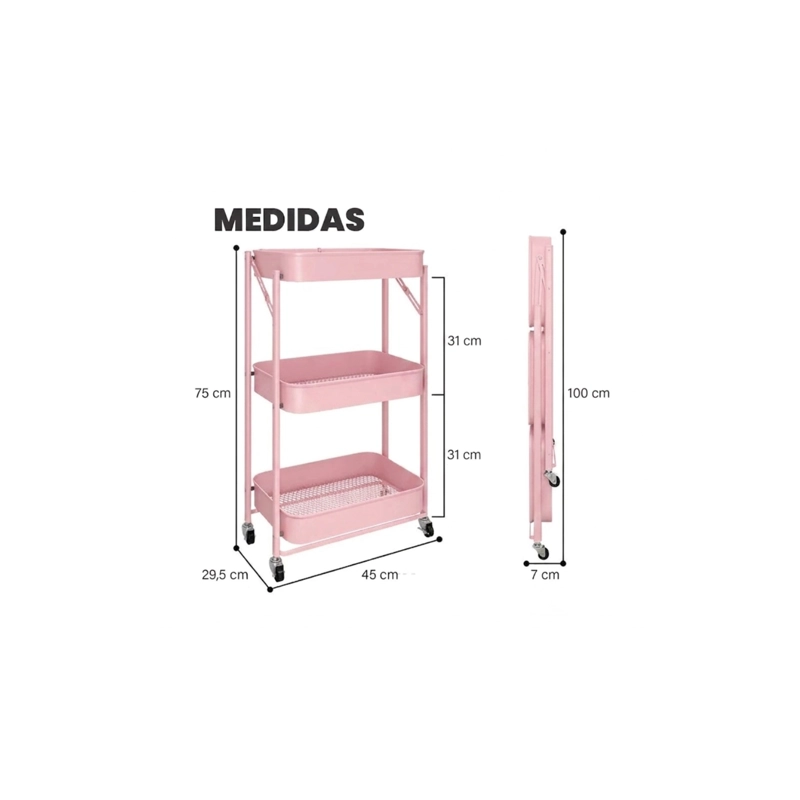 ORGANIZADOR CARRO PLEGABLE MULTIUSO DE 3 NIVELES - ROSA - 4