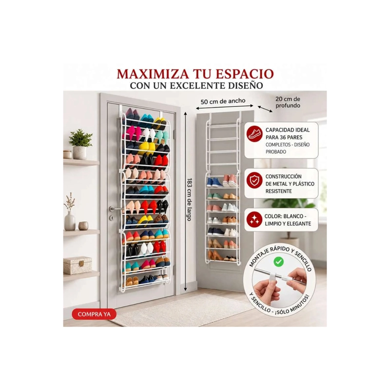 ZAPATERO COLGANTE 36 PARES BLANCO ORGANIZADOR DE ZAPATOS PUERTA - 2