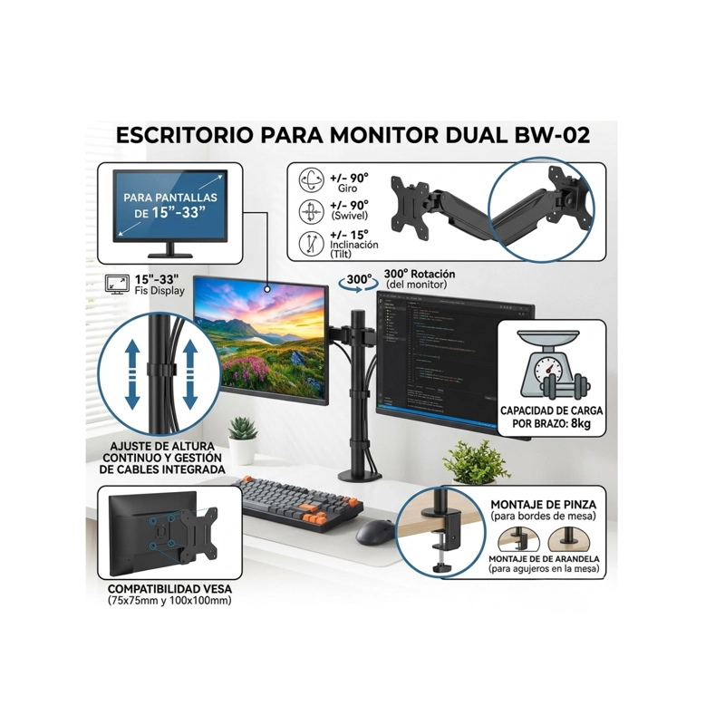 SOPORTE DE ESCRITORIO PARA DOBLE MONITOR 15 A 33 PULGADAS BW-02 - 6