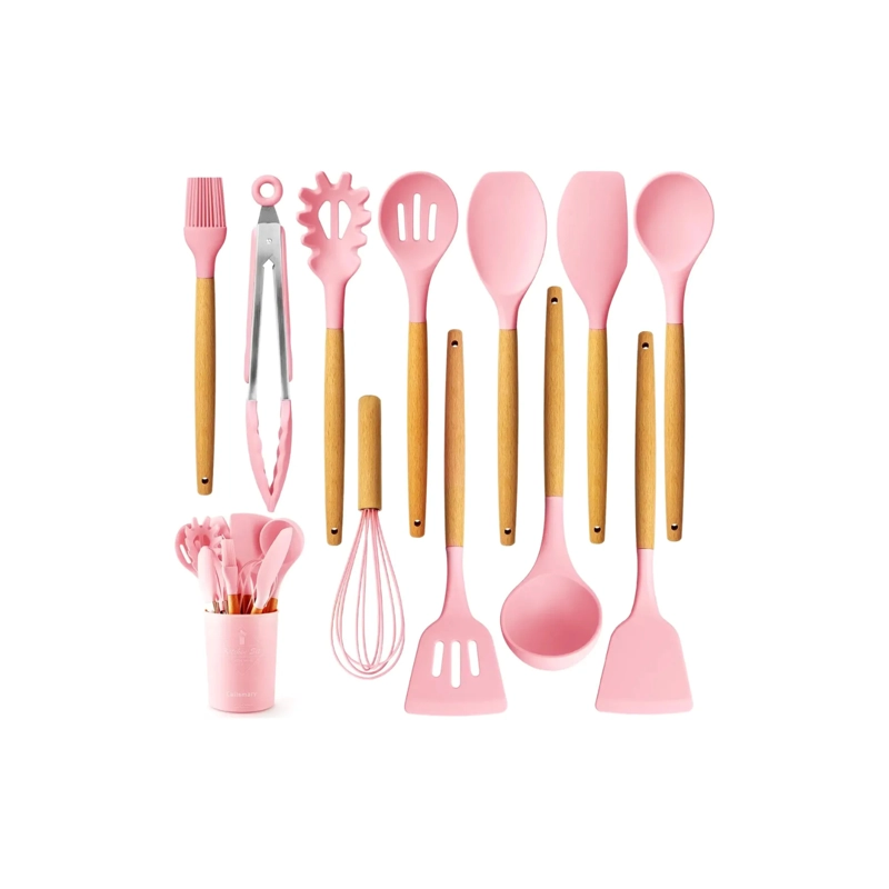 SET DE UTENSILIOS DE COCINA DE SILICONA 12 PIEZAS - ROSA - 1