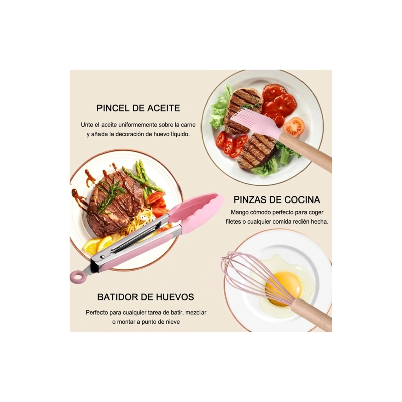 SET DE UTENSILIOS DE COCINA DE SILICONA 12 PIEZAS - ROSA - 2