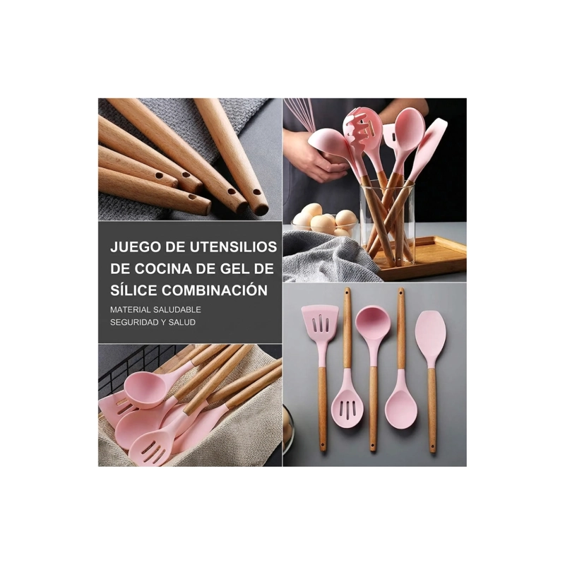 SET DE UTENSILIOS DE COCINA DE SILICONA 12 PIEZAS - ROSA - 4