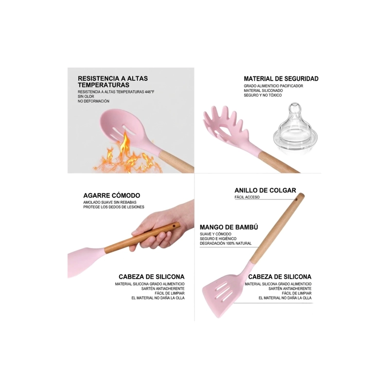 SET DE UTENSILIOS DE COCINA DE SILICONA 12 PIEZAS - ROSA - 5