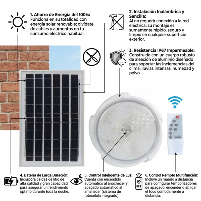 FOCO SOLAR LED SUBURBANO REDONDO 800W IP67 CON PANEL SOLAR - 4