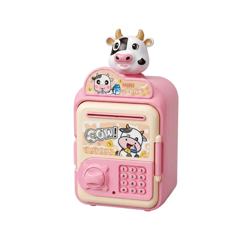 ALCANCIA INFANTIL TIPO CAJA FUERTE VAQUITA CON LUZ/SONIDO ROSA - 1