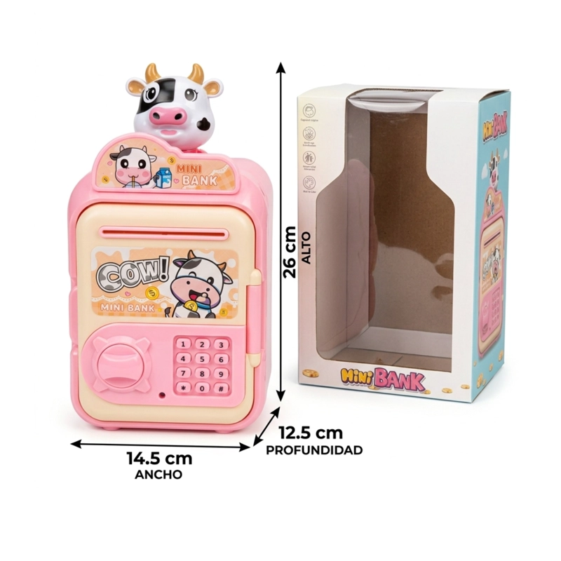 ALCANCIA INFANTIL TIPO CAJA FUERTE VAQUITA CON LUZ/SONIDO ROSA - 2