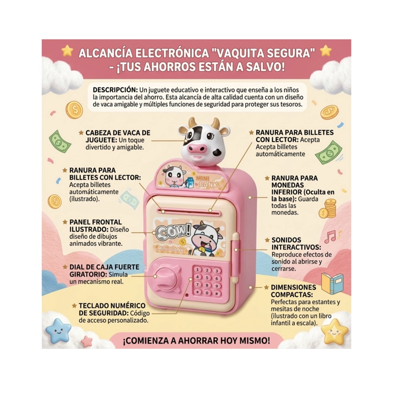ALCANCIA INFANTIL TIPO CAJA FUERTE VAQUITA CON LUZ/SONIDO ROSA - 3