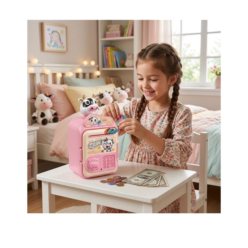 ALCANCIA INFANTIL TIPO CAJA FUERTE VAQUITA CON LUZ/SONIDO ROSA - 4