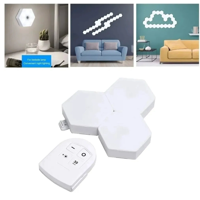 LAMPARA DE PARED LED HEXAGONALES INALAMBRICAS PACKX3 CON CONTROL REMOTO - 1