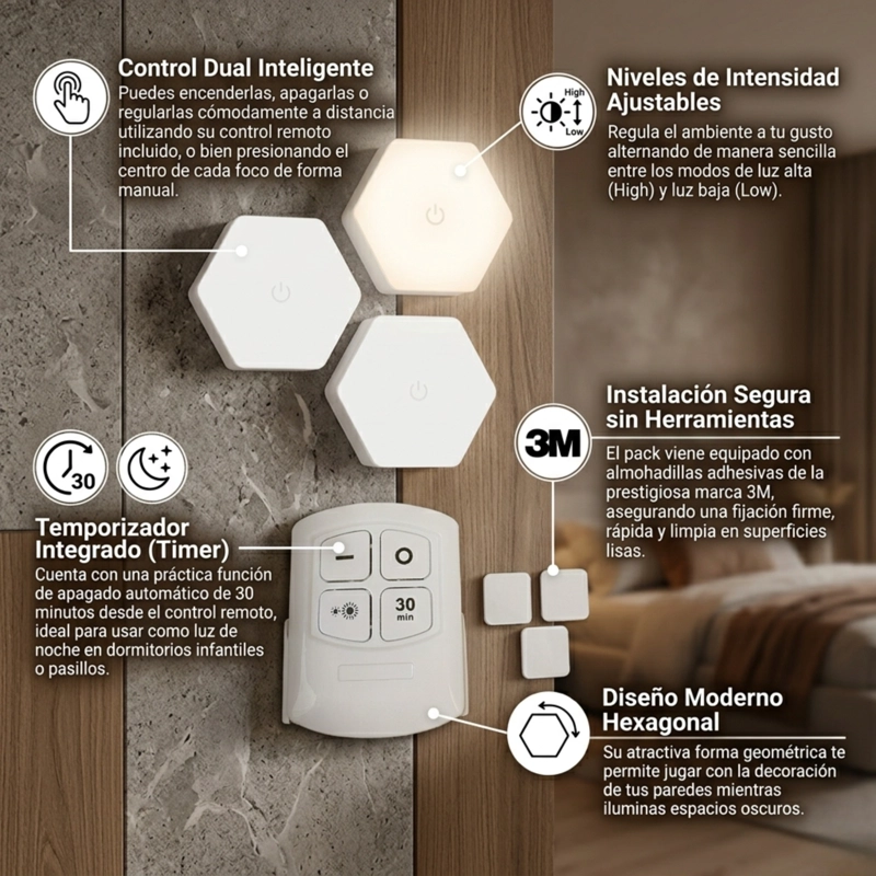 LAMPARA DE PARED LED HEXAGONALES INALAMBRICAS PACKX3 CON CONTROL REMOTO - 2