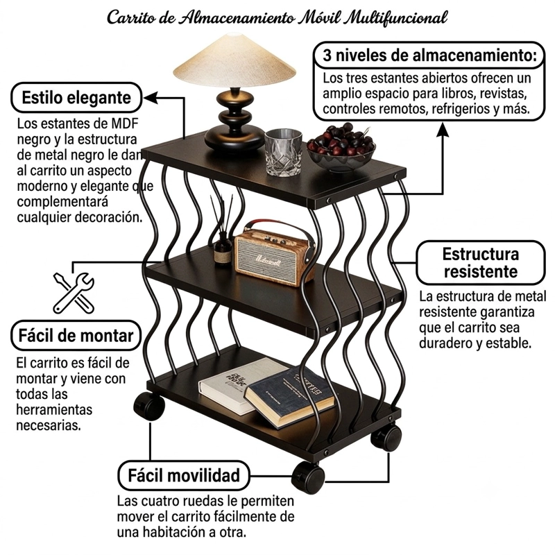 MESA AUXILIAR CON RUEDAS DE 3 NIVELES EN MDF Y METAL - 3