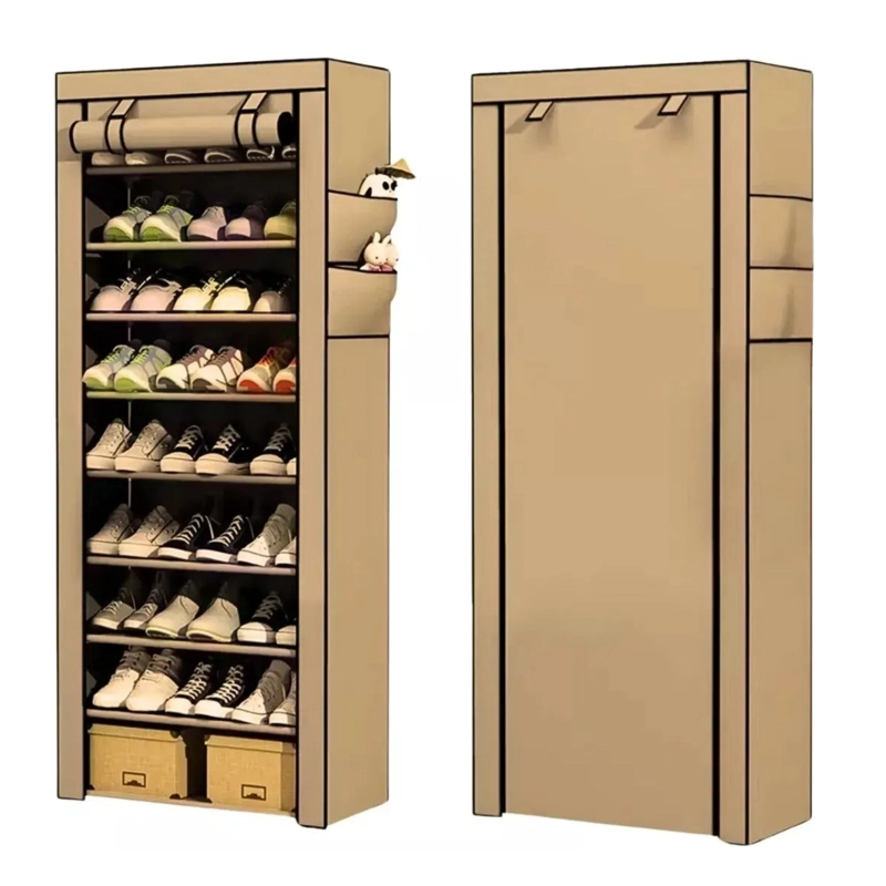 ZAPATERO ORGANIZADOR PORTATIL DE 10 NIVELES CON FUNDA DE CIERRE Y BOLSILLO 58X30X158CM - CAFE - 1