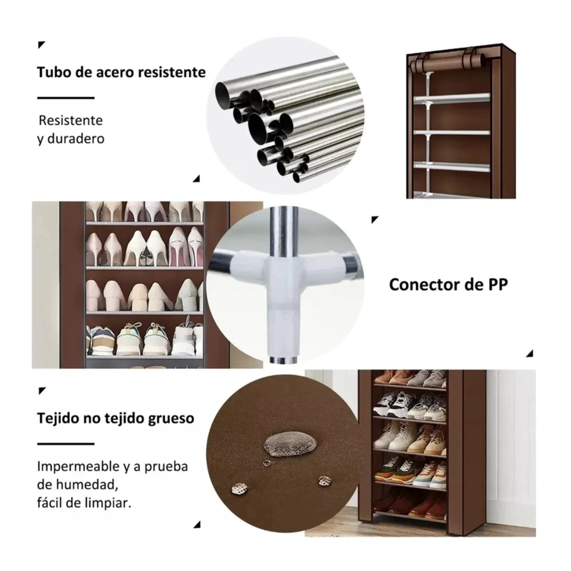 ZAPATERO ORGANIZADOR PORTATIL DE 10 NIVELES CON FUNDA DE CIERRE Y BOLSILLO 58X30X158CM - CAFE - 2