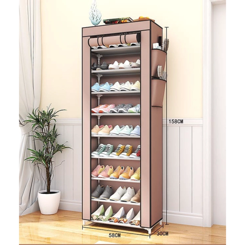 ZAPATERO ORGANIZADOR PORTATIL DE 10 NIVELES CON FUNDA DE CIERRE Y BOLSILLO 58X30X158CM - CAFE - 3
