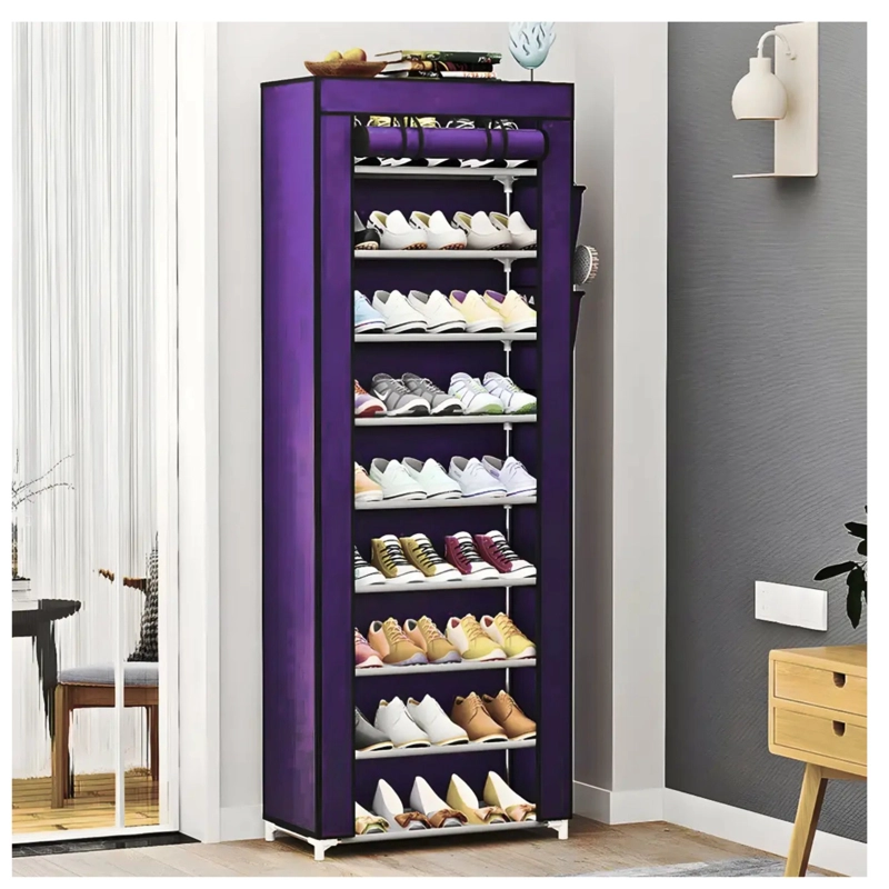 ZAPATERO ORGANIZADOR PORTATIL DE 10 NIVELES CON FUNDA DE CIERRE Y BOLSILLO 58X30X158CM - MORADO - 1