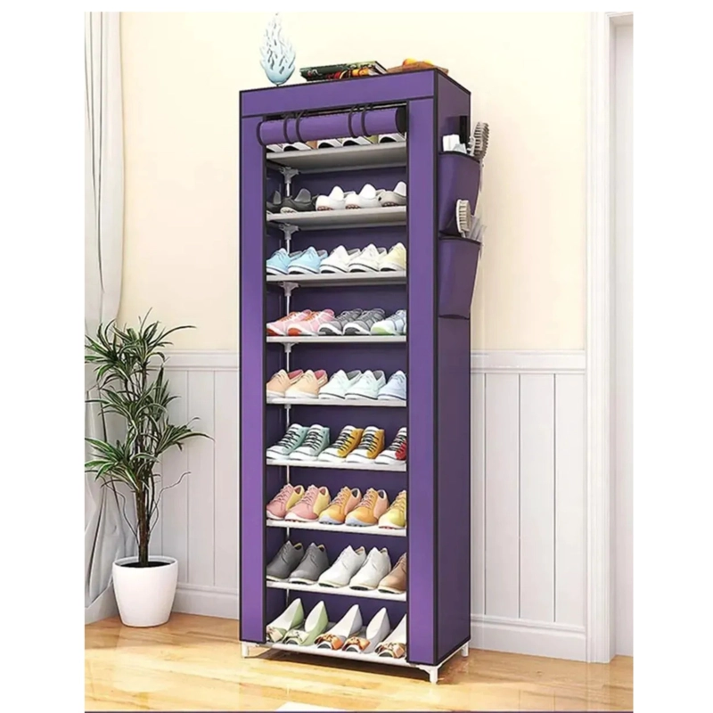 ZAPATERO ORGANIZADOR PORTATIL DE 10 NIVELES CON FUNDA DE CIERRE Y BOLSILLO 58X30X158CM - MORADO - 2