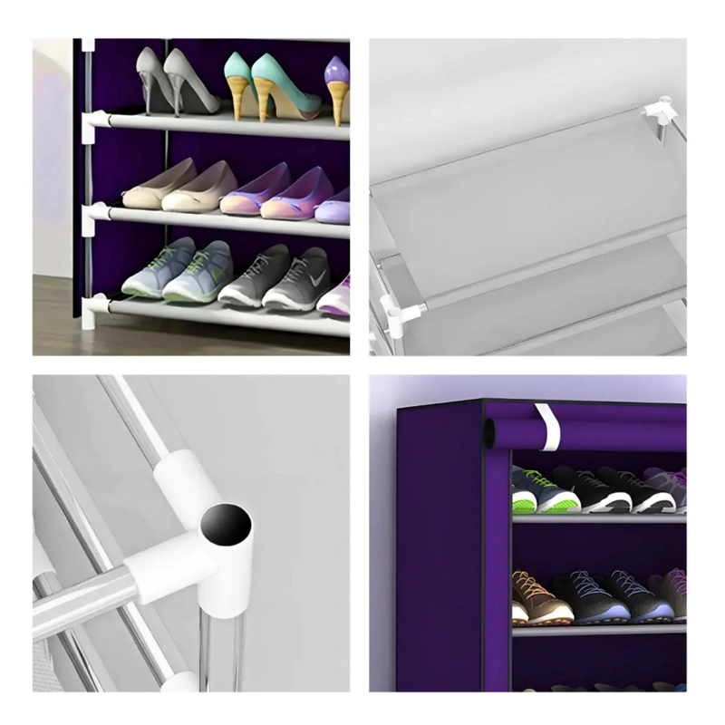 ZAPATERO ORGANIZADOR PORTATIL DE 10 NIVELES CON FUNDA DE CIERRE Y BOLSILLO 58X30X158CM - MORADO - 4