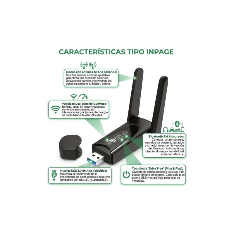 ADAPTADOR USB WIFI DOBLE BANDA 1300MBPS CON BLUETOOTH 5.4 - 2