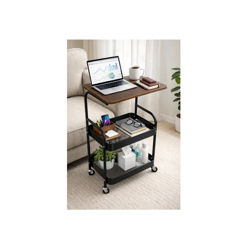 VELADOR MESA AUXILIAR CON RUEDAS CARRITO ORGANIZADOR MULTIUSO CAFE - NEGRO - 4