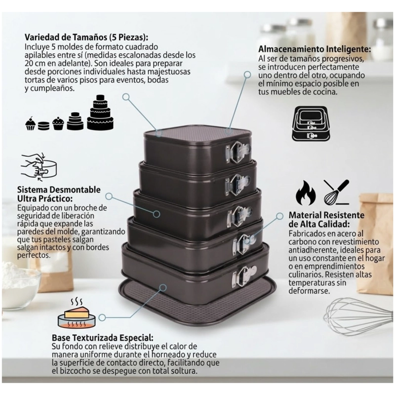SET X5 MOLDES PARA TORTAS CUADRADOS DESMONTABLES REPOSTERIA - 5