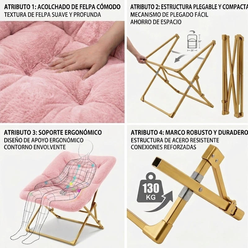SILLA PLEGABLE PLATILLO ACOLCHADA LIVING DORMITORIO CUADRADA - ROSA - 3