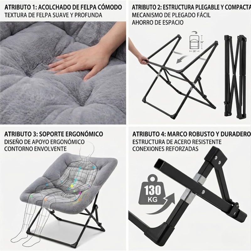 SILLA PLEGABLE PLATILLO ACOLCHADA LIVING DORMITORIO CUADRADA - GRIS - 4