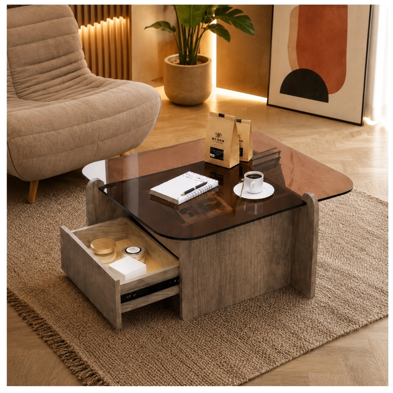 MESA DE CENTRO MODERNA CON CUBIERTA DE VIDRIO TEMPLADO 70X70 - 1