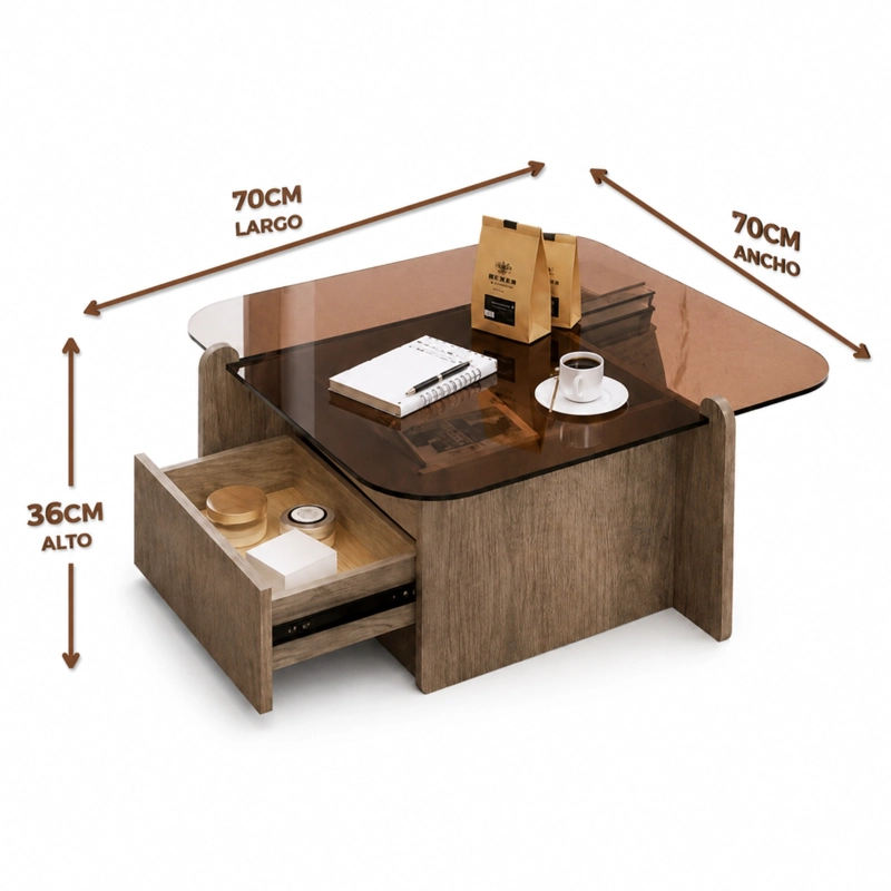 MESA DE CENTRO MODERNA CON CUBIERTA DE VIDRIO TEMPLADO 70X70 - 4