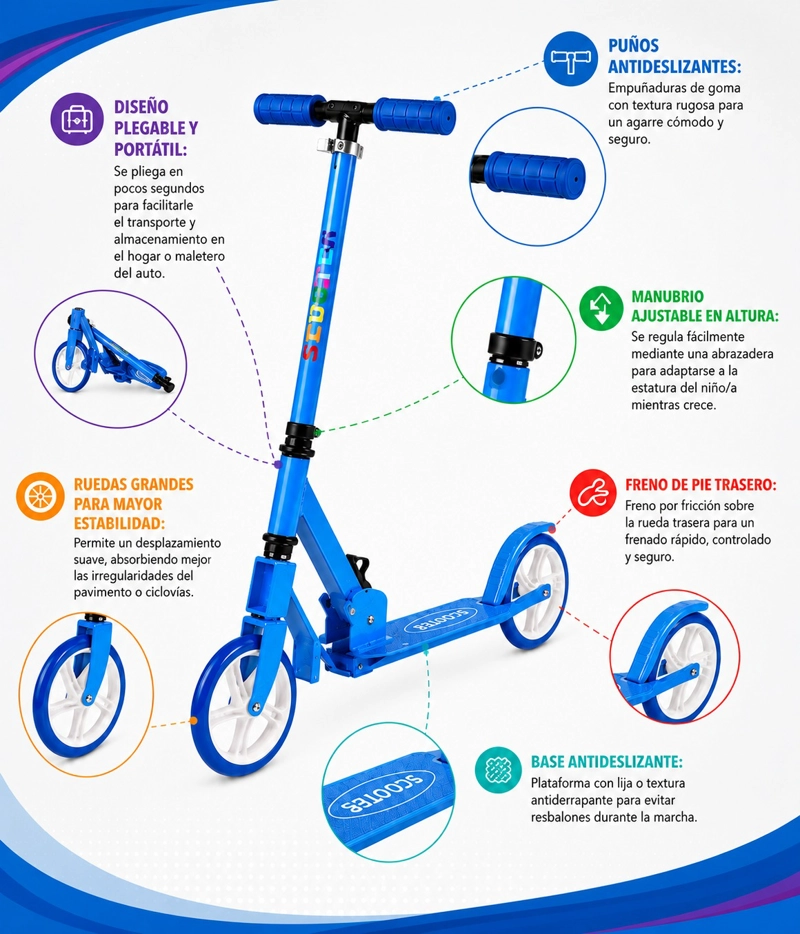 SCOOTER INFANTIL AJUSTABLE Y PLEGABLE RUEDAS GRANDES DE PU - AZUL - 3