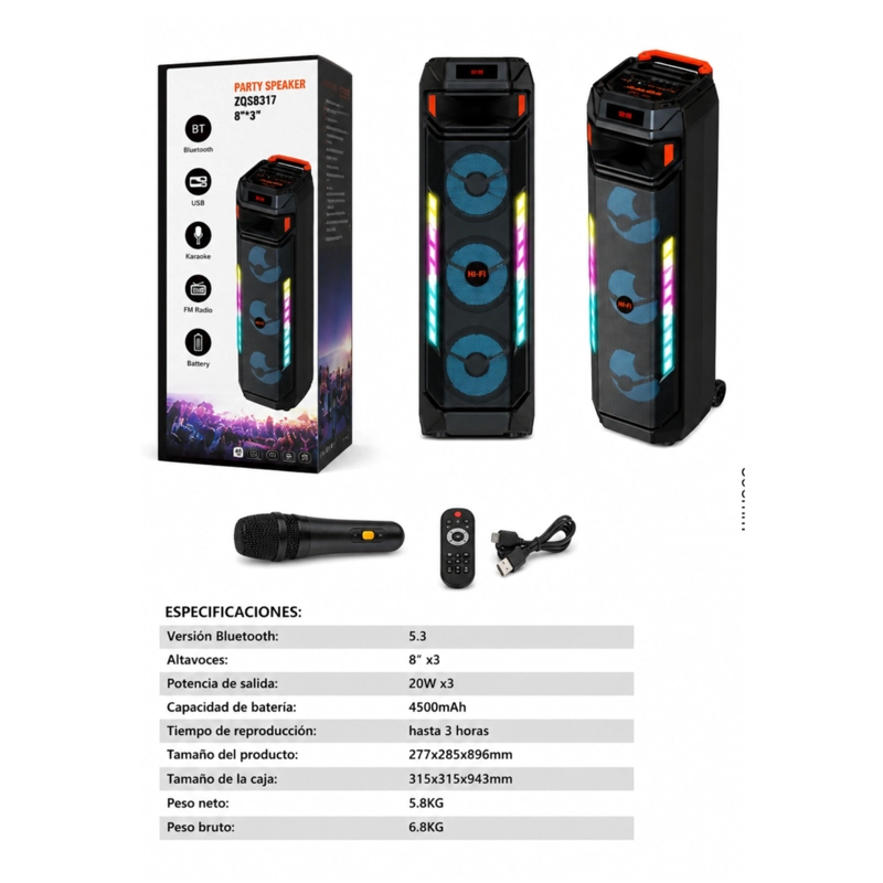 PARLANTE TORRE PORTATIL BLUETOOTH CON MICROFONO Y LUCES LED - 2