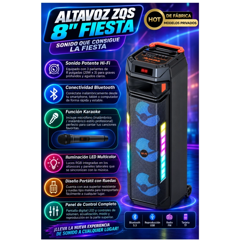 PARLANTE TORRE PORTATIL BLUETOOTH CON MICROFONO Y LUCES LED - 4