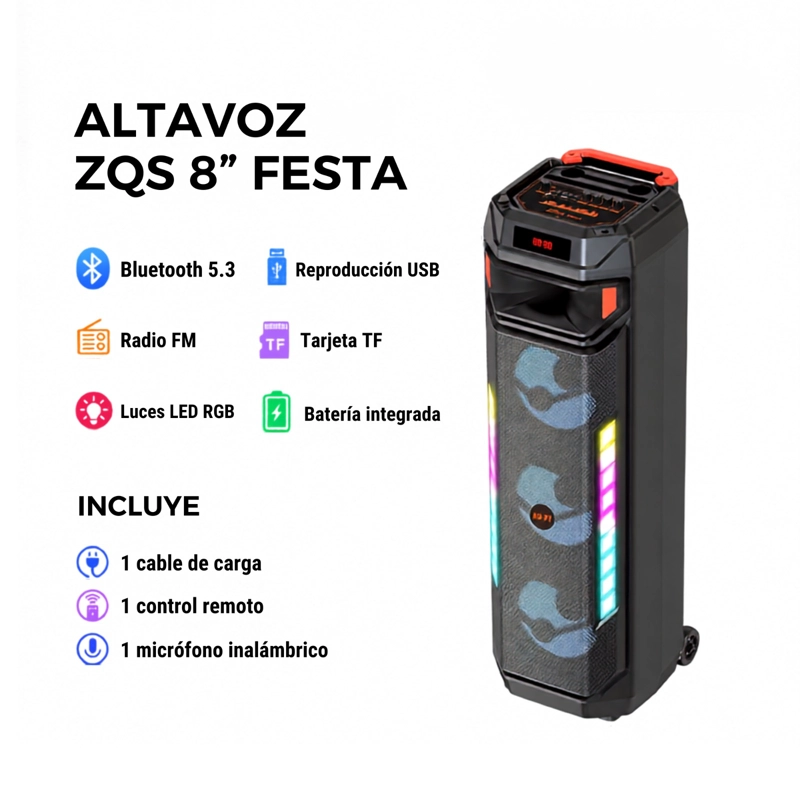 PARLANTE TORRE PORTATIL BLUETOOTH CON MICROFONO Y LUCES LED - 6