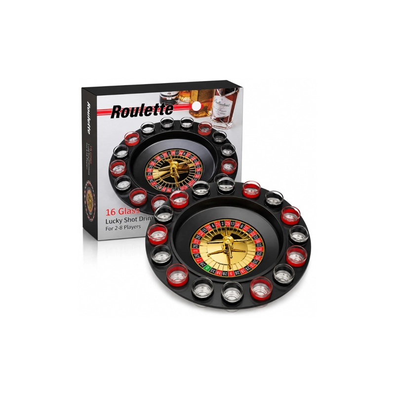 JUEGO DE MESA RULETA DE SHOTS CON 16 VASOS DE VIDRIO - 1