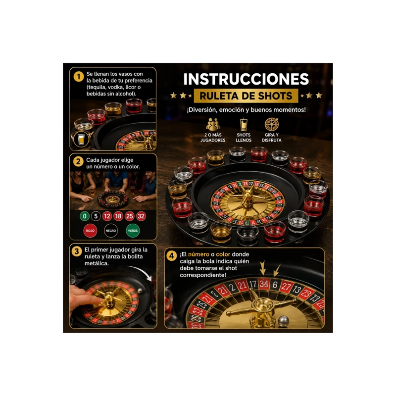 JUEGO DE MESA RULETA DE SHOTS CON 16 VASOS DE VIDRIO - 2