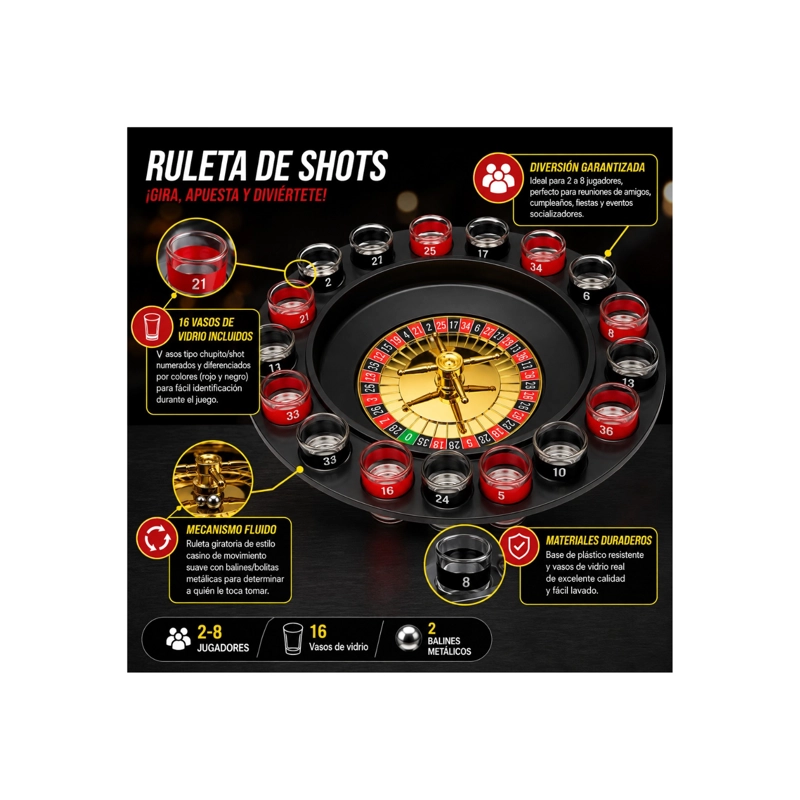 JUEGO DE MESA RULETA DE SHOTS CON 16 VASOS DE VIDRIO - 4