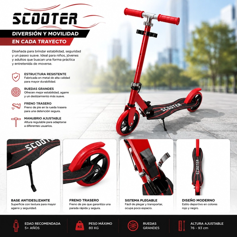 SCOOTER INFANTIL AJUSTABLE Y PLEGABLE RUEDAS GRANDES DE PU - ROJO - 2