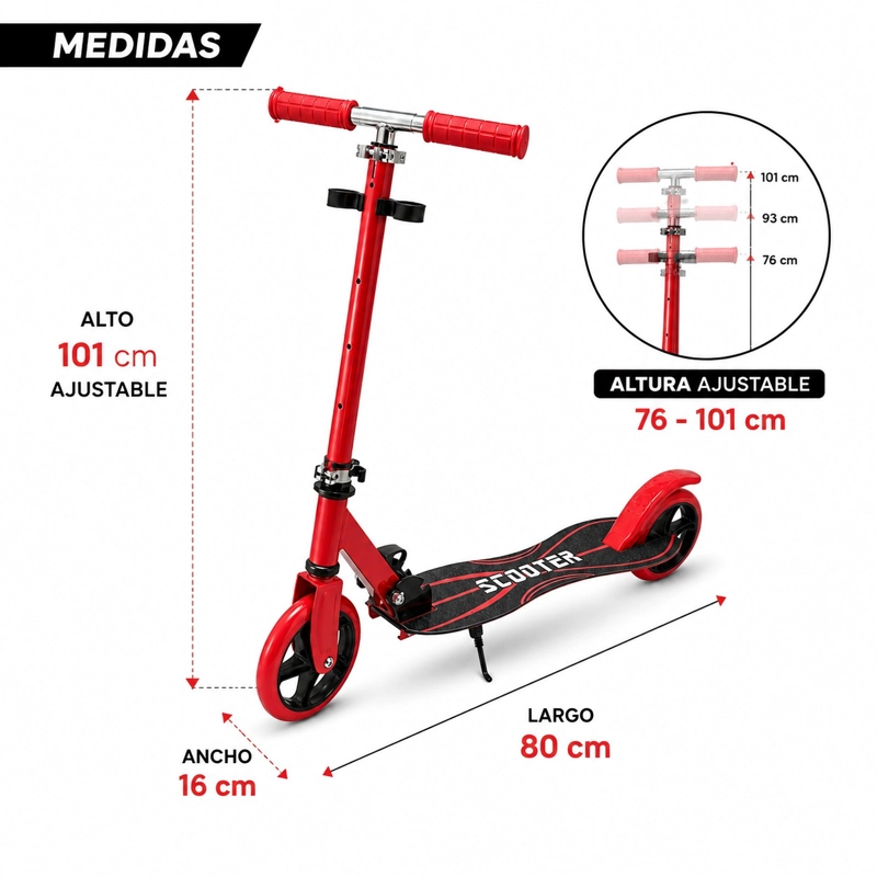 SCOOTER INFANTIL AJUSTABLE Y PLEGABLE RUEDAS GRANDES DE PU - ROJO - 3