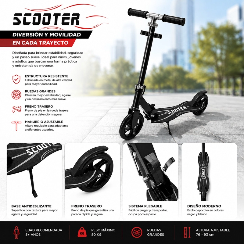 SCOOTER INFANTIL AJUSTABLE Y PLEGABLE RUEDAS GRANDES DE PU - NEGRO - 2