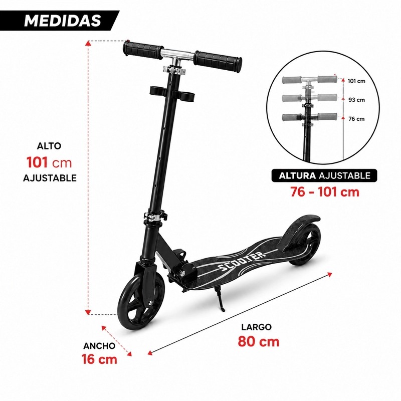 SCOOTER INFANTIL AJUSTABLE Y PLEGABLE RUEDAS GRANDES DE PU - NEGRO - 3